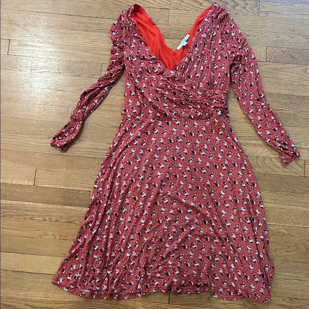 Boden Orange-Red Floral Long-Sleeve Wrap Dress